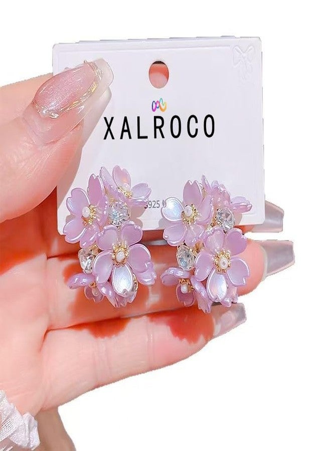 Xalroco Purple Flower CZ Hoop Earrings Acrylic Pearl Earrings(Purple Flower) - Image 2